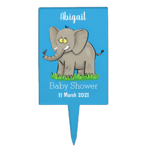 Cute funny elephant with bird on trunk cartoon cake topper