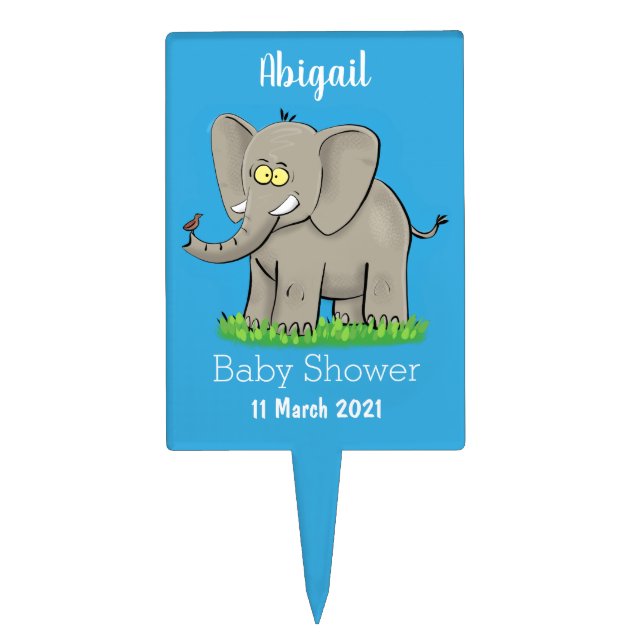 Cute funny elephant with bird on trunk cartoon cake topper (Front)