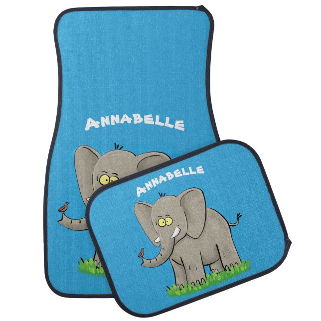 Cute funny elephant with bird on trunk cartoon car floor mat (Set)