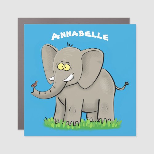 Cute funny elephant with bird on trunk cartoon car magnet