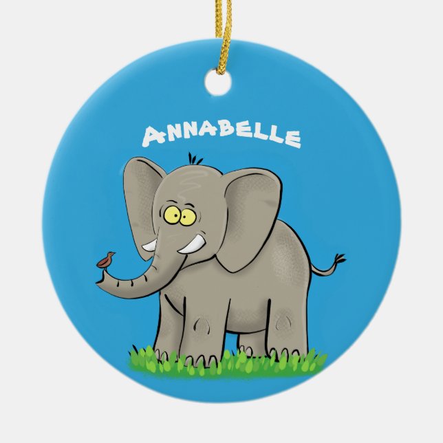 Cute funny elephant with bird on trunk cartoon ceramic ornament (Front)