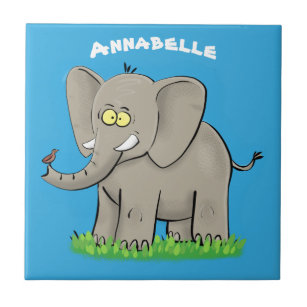 Cute funny elephant with bird on trunk cartoon ceramic tile