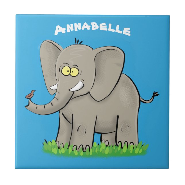 Cute funny elephant with bird on trunk cartoon ceramic tile (Front)