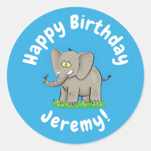 Cute funny elephant with bird on trunk cartoon classic round sticker
