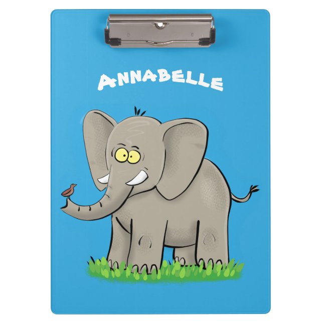Cute funny elephant with bird on trunk cartoon clipboard (Front)