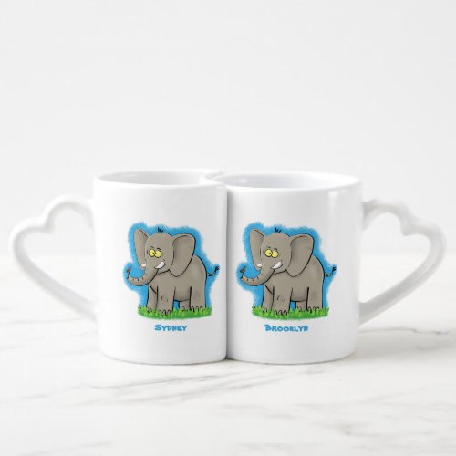 Cute funny elephant with bird on trunk cartoon coffee mug set