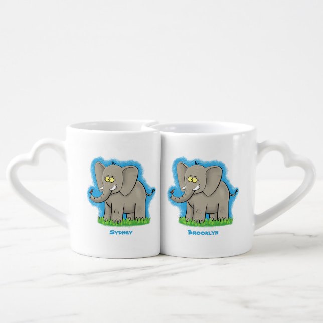 Cute funny elephant with bird on trunk cartoon coffee mug set (Back Nesting)