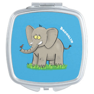 Cute funny elephant with bird on trunk cartoon compact mirror