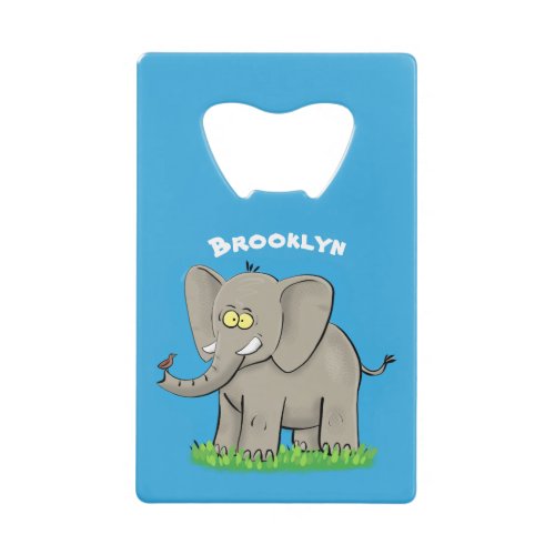 Cute funny elephant with bird on trunk cartoon credit card bottle opener