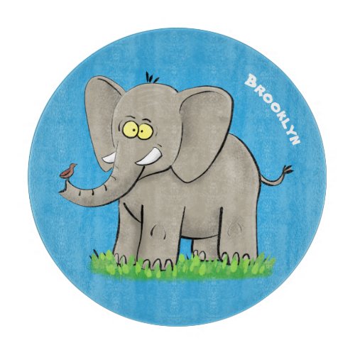 Cute funny elephant with bird on trunk cartoon  cutting board