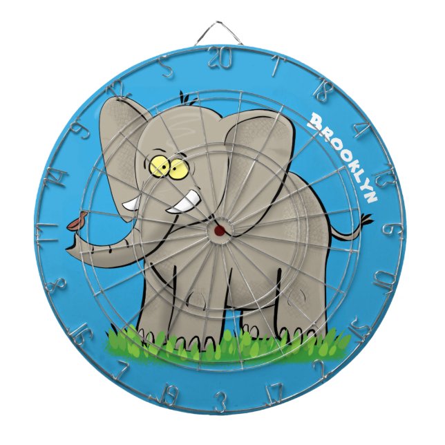 Cute funny elephant with bird on trunk cartoon dart board (Front)