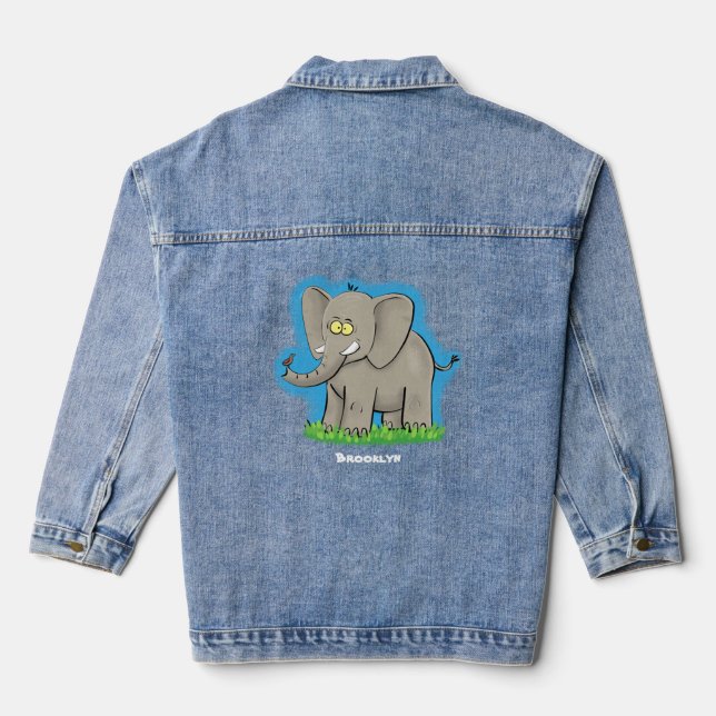 Cute funny elephant with bird on trunk cartoon denim jacket (Back)