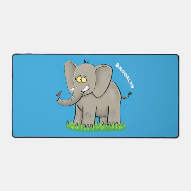 Cute funny elephant with bird on trunk cartoon desk mat (Front)