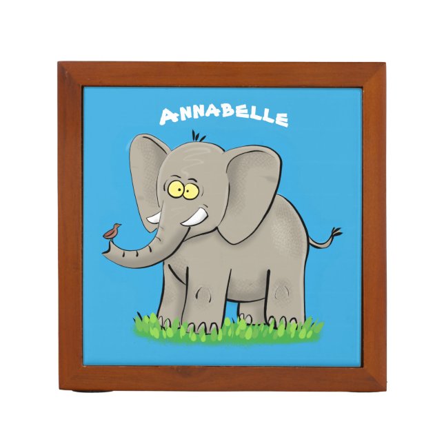 Cute funny elephant with bird on trunk cartoon desk organizer (Front)