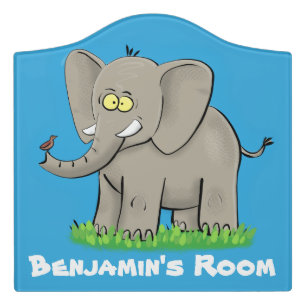 Cute funny elephant with bird on trunk cartoon door sign