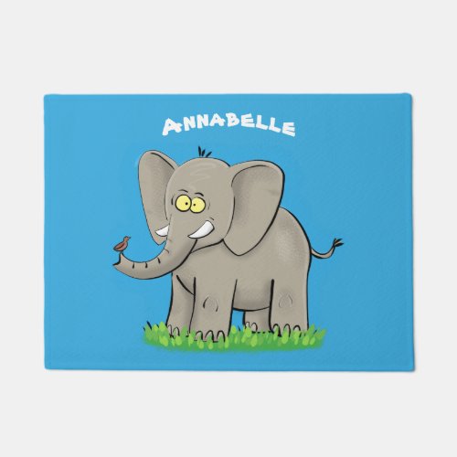 Cute funny elephant with bird on trunk cartoon doormat