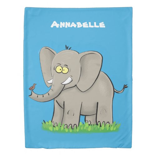 Cute funny elephant with bird on trunk cartoon duvet cover