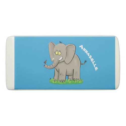 Cute funny elephant with bird on trunk cartoon eraser