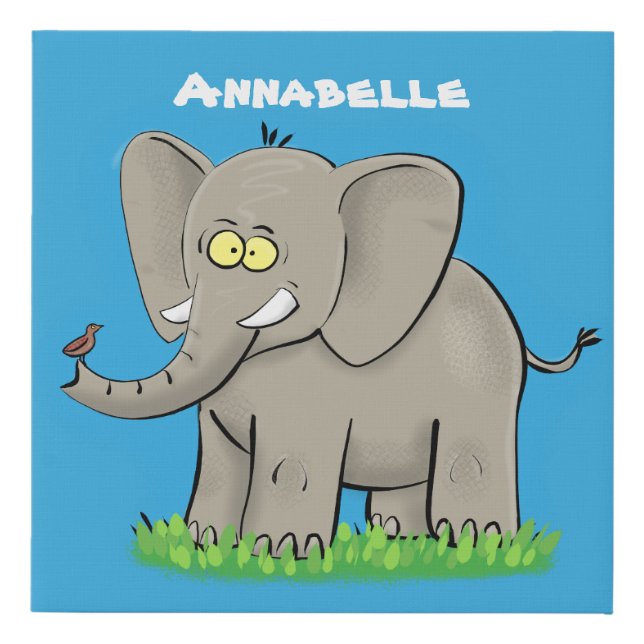 Cute funny elephant with bird on trunk cartoon faux canvas print (Front)