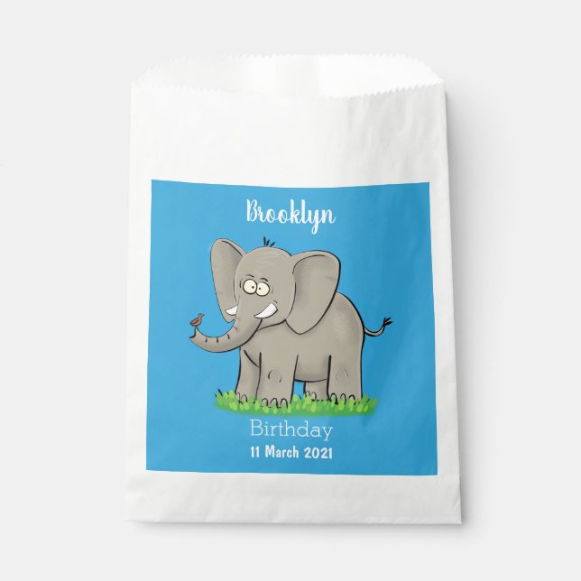 Cute funny elephant with bird on trunk cartoon favor bag (Front)