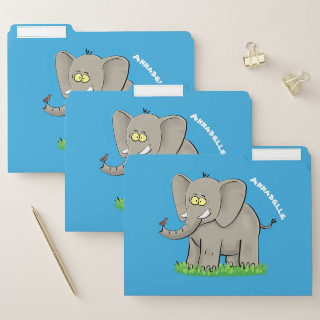 Cute funny elephant with bird on trunk cartoon file folder (Set)