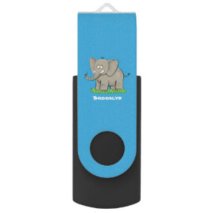 Cute funny elephant with bird on trunk cartoon flash drive