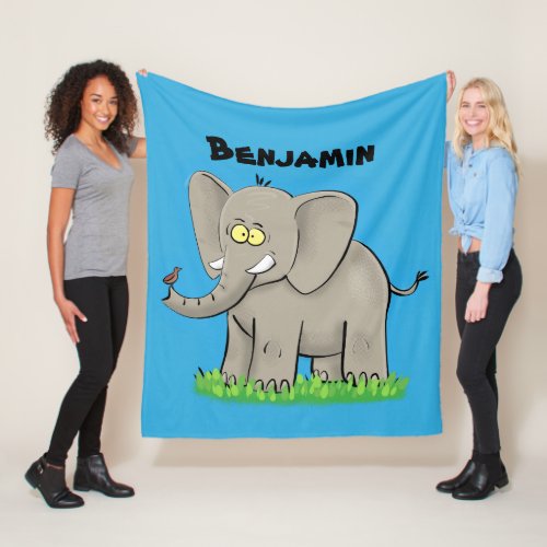 Cute funny elephant with bird on trunk cartoon fleece blanket