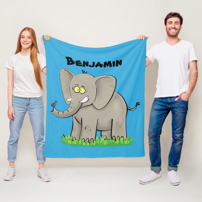 Cute funny elephant with bird on trunk cartoon fleece blanket (In Situ)