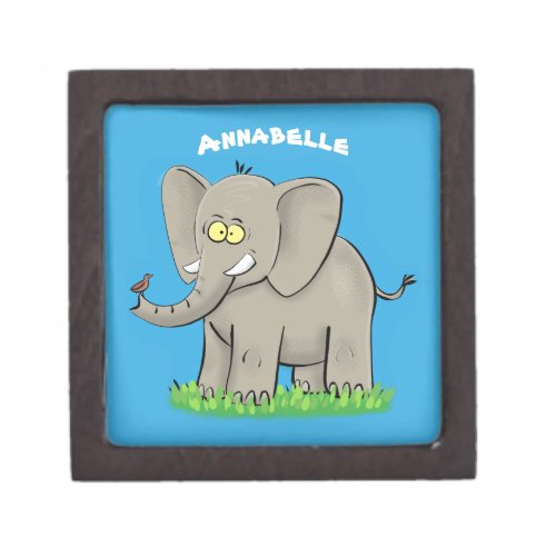 Cute funny elephant with bird on trunk cartoon gift box
