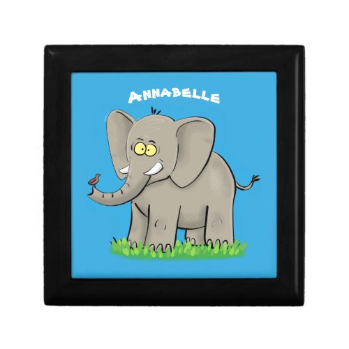 Cute funny elephant with bird on trunk cartoon gift box
