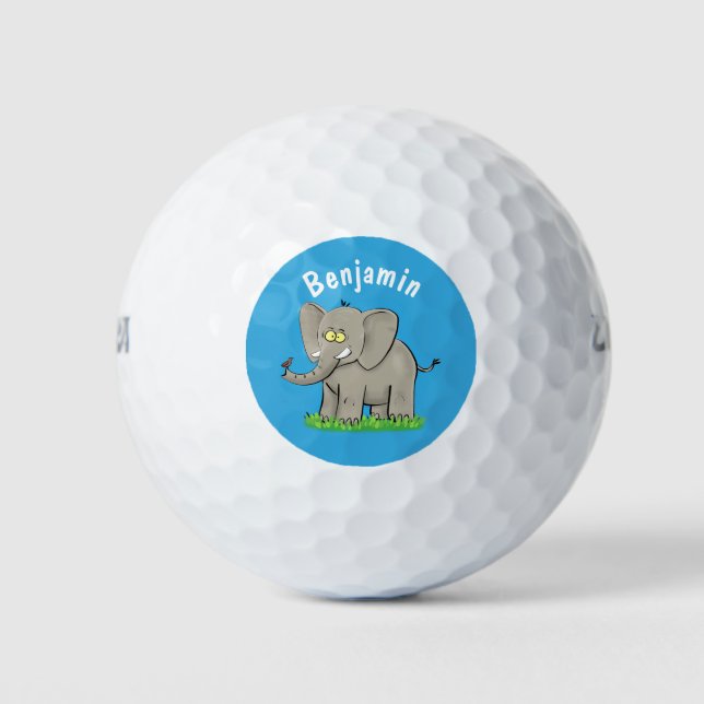 Cute funny elephant with bird on trunk cartoon golf balls (Front)