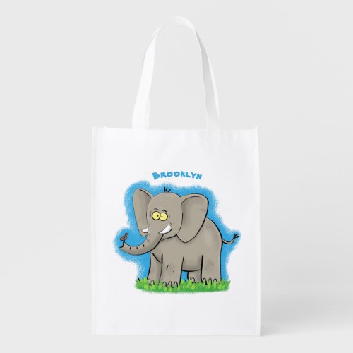 Cute funny elephant with bird on trunk cartoon grocery bag