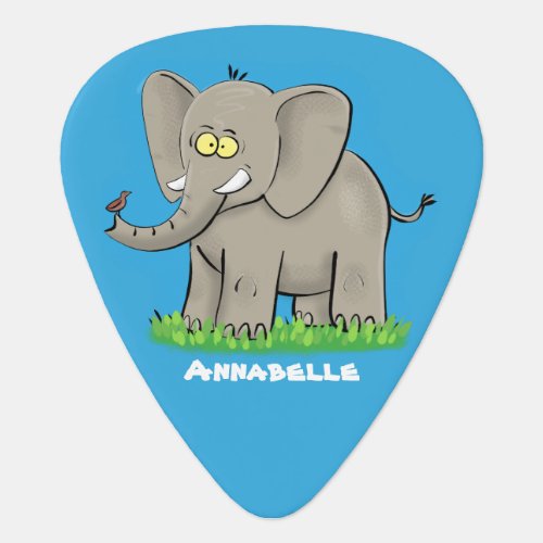 Cute funny elephant with bird on trunk cartoon guitar pick