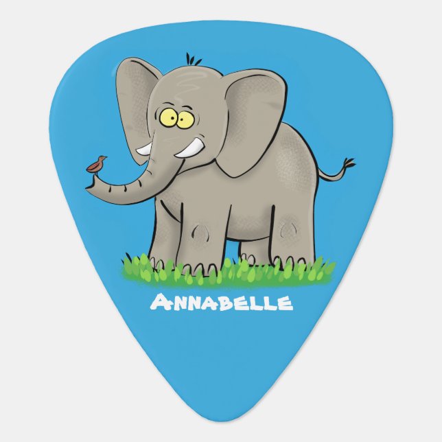 Cute funny elephant with bird on trunk cartoon guitar pick (Front)