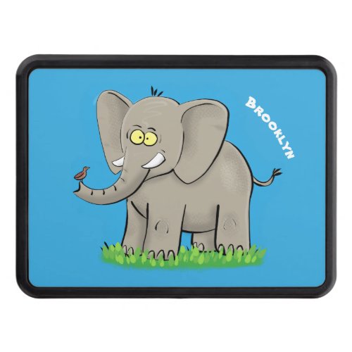 Cute funny elephant with bird on trunk cartoon hitch cover