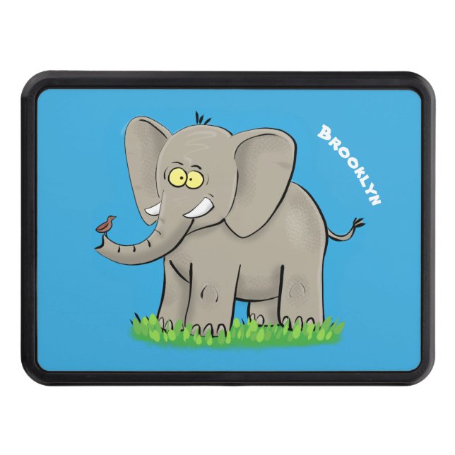 Cute funny elephant with bird on trunk cartoon hitch cover (Front)