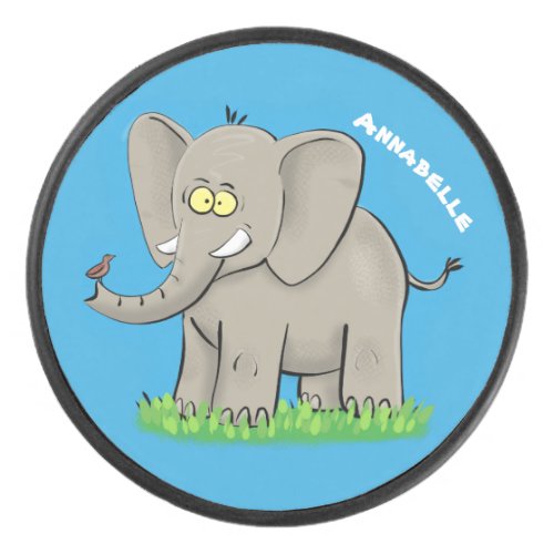 Cute funny elephant with bird on trunk cartoon hockey puck