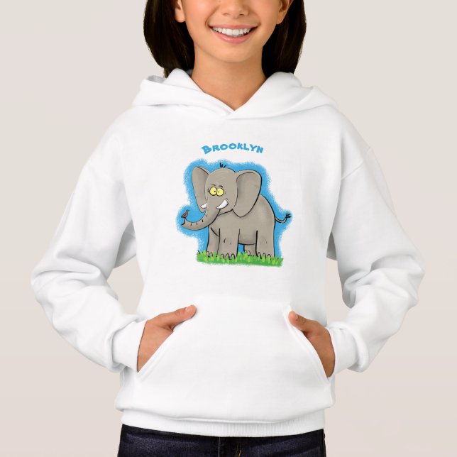 Cute funny elephant with bird on trunk cartoon hoodie (Front)