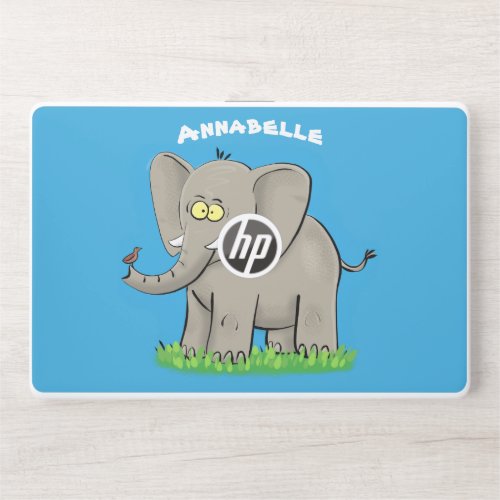 Cute funny elephant with bird on trunk cartoon HP laptop skin