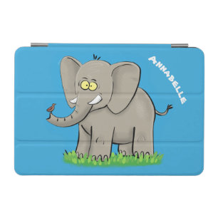 Cute funny elephant with bird on trunk cartoon iPad mini cover