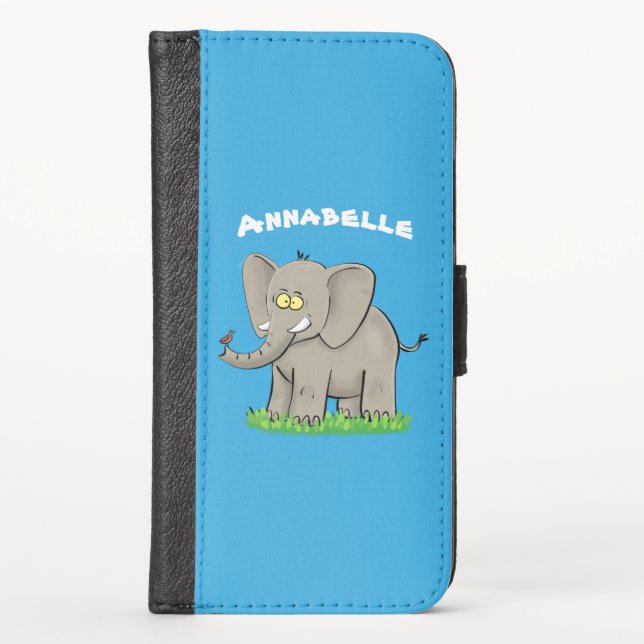 Cute funny elephant with bird on trunk cartoon iPhone wallet case (Front)