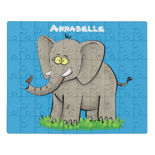 Cute funny elephant with bird on trunk cartoon jigsaw puzzle