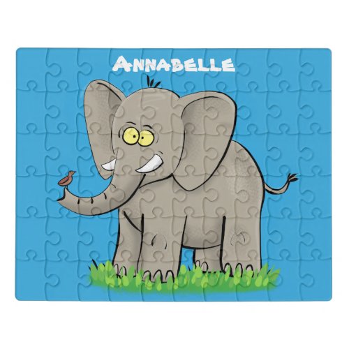 Cute funny elephant with bird on trunk cartoon jigsaw puzzle