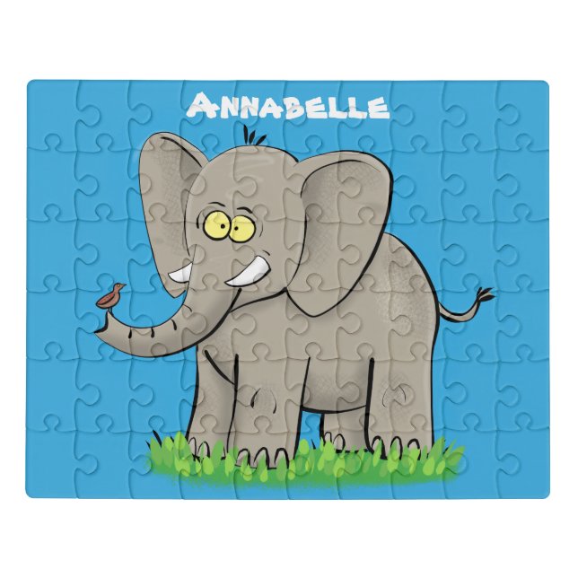 Cute funny elephant with bird on trunk cartoon jigsaw puzzle (Puzzle Horizontal)