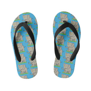 Cute funny elephant with bird on trunk cartoon kid's flip flops