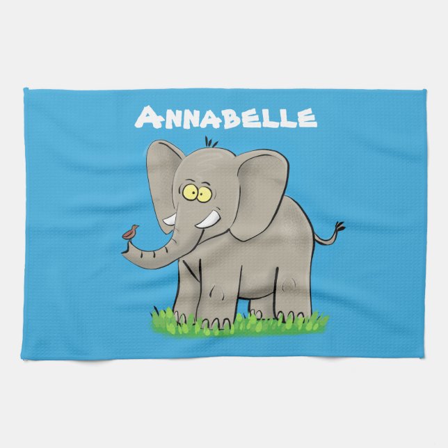 Cute funny elephant with bird on trunk cartoon kitchen towel (Horizontal)