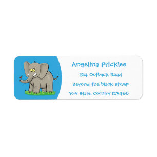 Cute funny elephant with bird on trunk cartoon label