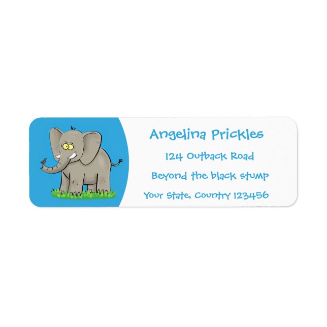 Cute funny elephant with bird on trunk cartoon label (Front)