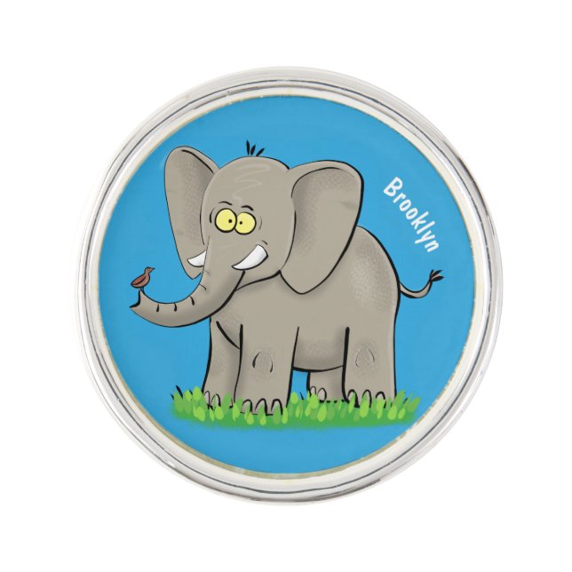 Cute funny elephant with bird on trunk cartoon lapel pin (Front)