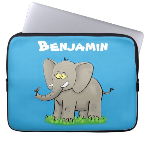 Cute funny elephant with bird on trunk cartoon laptop sleeve